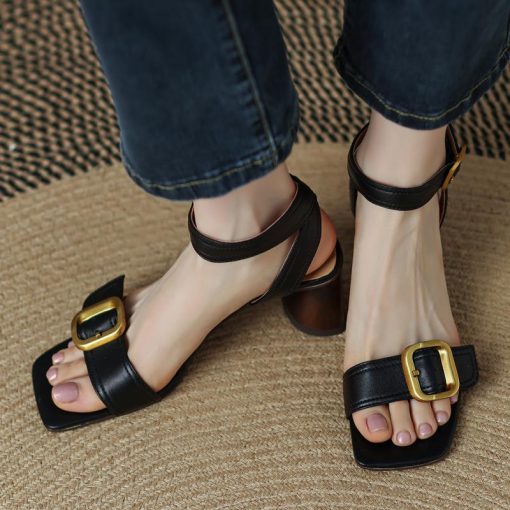 main image1New Summer Women Sandals Luxury Block Heel Designer Square Toe Buckle Open Toe Block Heel Sandals