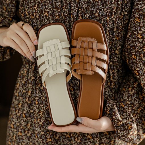 main image1New Summer Women Slippers Square Toe Braided Flat Bottom Females Sandals Fashion Leisure Solid Breathable Non