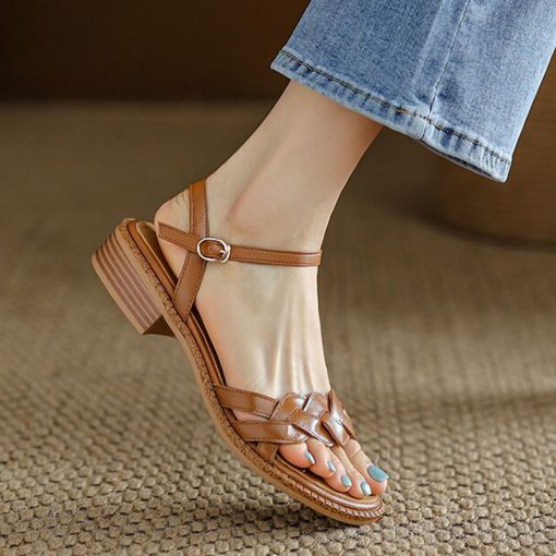 main image1Retro Women s Sandals Roman Literary Style Hollow Female Shoes Summer Solid Color Thick Heels Flat