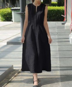main image1White Solid Women Long Dress Summer Vintage Black Sleeveless Casual V neck Loose Ankle Length Fashion