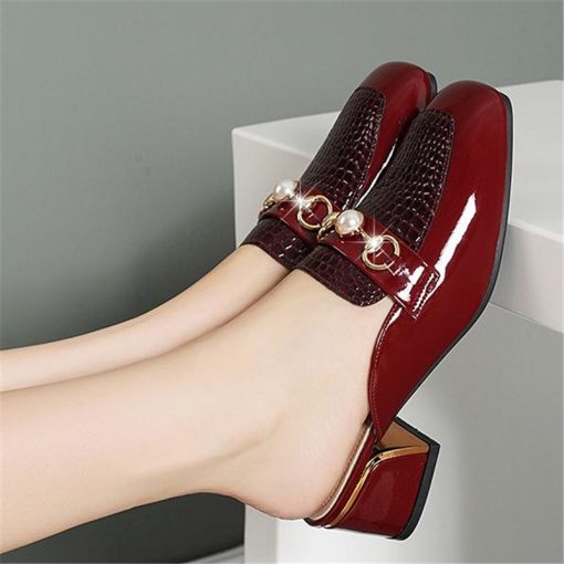 main image1Women Baotou Half Slippers 2021 Fashion Metal Chain Square Toe Thick Heel British Style Office Casual