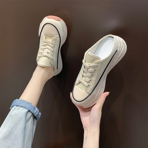 main image1Women s Slippers 2022 Spring Autumn Fashion Baotou Half Slippers Wear New Style Muffin Lace Up