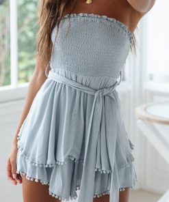 main image2Elegant White Summer Short Dress Women Off Shoulder Pleated Belted Chic Sexy Dresses Linen Fit and