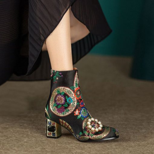 main image2FHANCHU 2022 Chinese Style Women Ankle Boots Fashion Embroidery Shoes High Heels Short Botas Pointed Toe