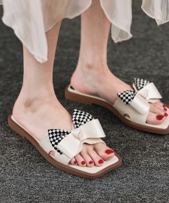 main image2New Summer Women Sandals Flat Plaid Bow Flip Flops Indoor Outdoor Wear Females Slippers Fashion Cozy