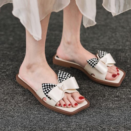 main image2New Summer Women Sandals Flat Plaid Bow Flip Flops Indoor Outdoor Wear Females Slippers Fashion Cozy