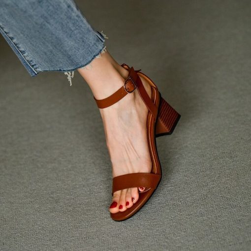 main image3Brown Colour Women Heeled Sandals Bandage Ankle Buckle Pumps Buckle High Heels Square Heels Lady Shoes