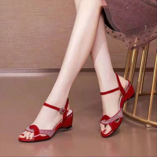 main image3FHANCHU Women s Mid Heel Sandals Fashion Sexy Rhinestone Summer Shoes Ankle Buckle Strap Peep Toe