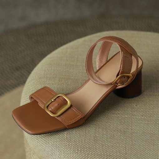 main image3New Summer Women Sandals Luxury Block Heel Designer Square Toe Buckle Open Toe Block Heel Sandals