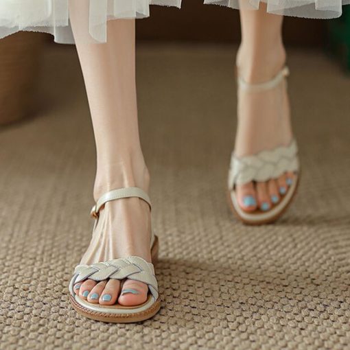 main image3Retro Women s Sandals Roman Literary Style Hollow Female Shoes Summer Solid Color Thick Heels Flat