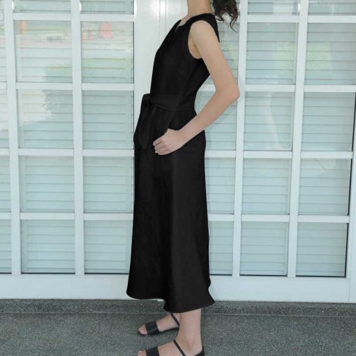 main image3White Solid Women Long Dress Summer Vintage Black Sleeveless Casual V neck Loose Ankle Length Fashion