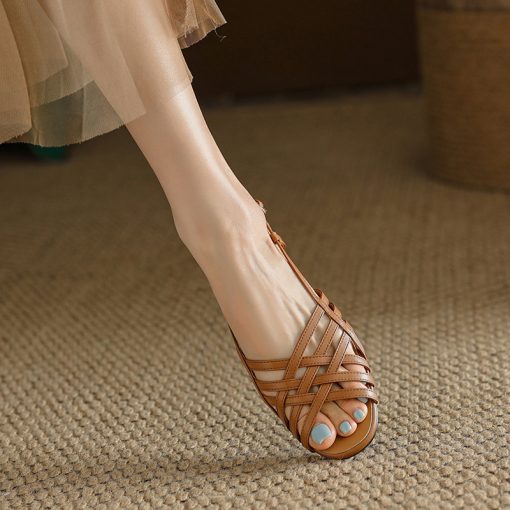 main image42022 Summer Women Sandals Braided Round Toe Flat Heel Shallow Mouth Females Pumps Fashion High Quality