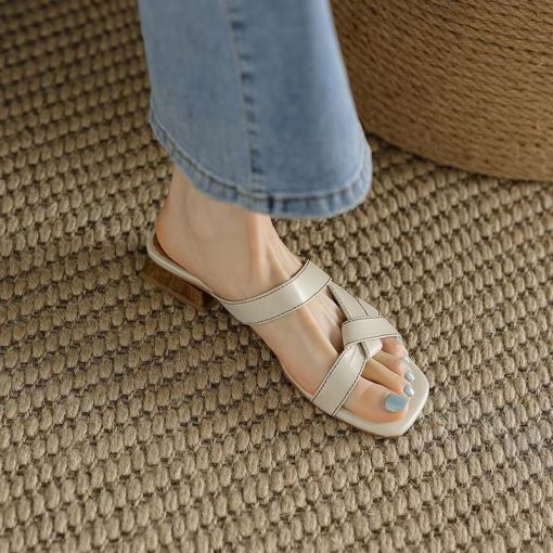 main image42022 Summer Women Sandals Square Toe Cross Outer Wear Open Toe Middle Chunky Heel Females Pumps