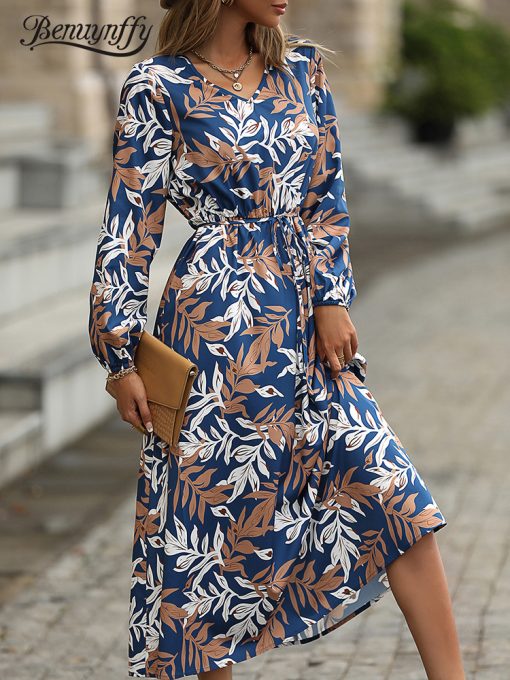 main image4Benuynffy V neck Belted Print Long Dress Women 2022 Spring Fall Vacation Casual High Waist Female