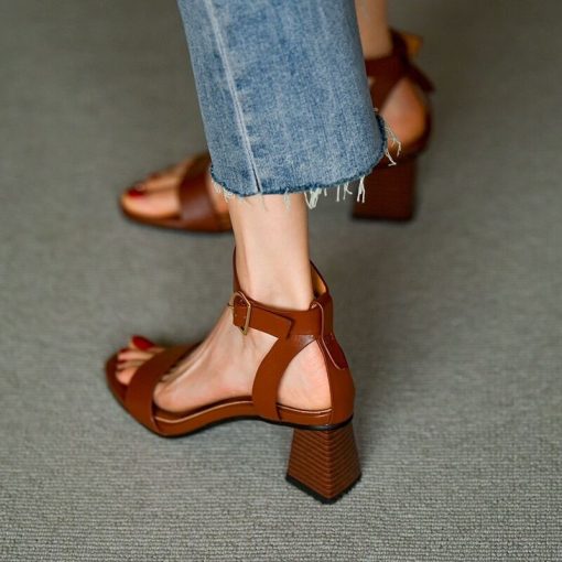 main image4Brown Colour Women Heeled Sandals Bandage Ankle Buckle Pumps Buckle High Heels Square Heels Lady Shoes