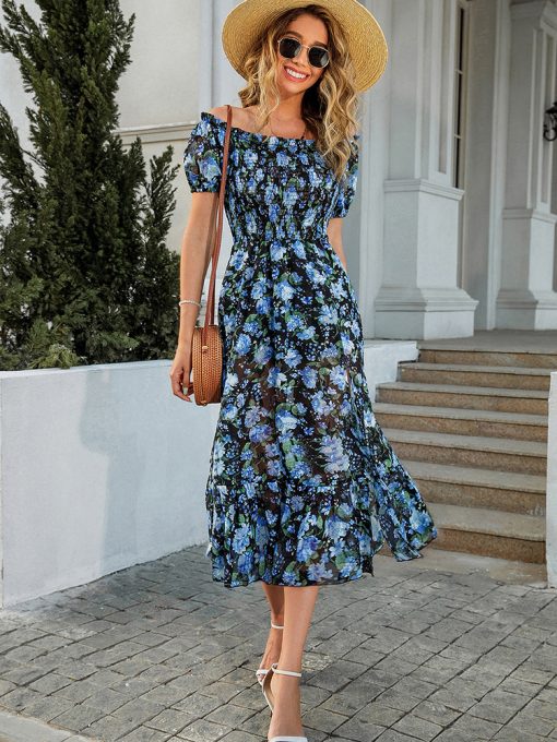 main image4Elegant Floral Print Dress Women Summer Casual Ruffle Big Hem Slit Beach Dress Fashion Puff Sleeve