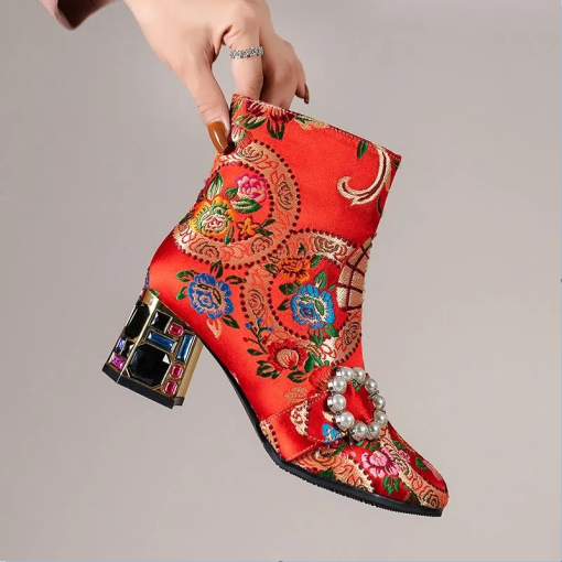 main image4FHANCHU 2022 Chinese Style Women Ankle Boots Fashion Embroidery Shoes High Heels Short Botas Pointed Toe
