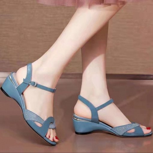 main image4FHANCHU Women s Mid Heel Sandals Fashion Sexy Rhinestone Summer Shoes Ankle Buckle Strap Peep Toe