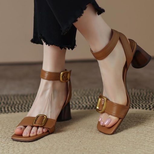 main image4New Summer Women Sandals Luxury Block Heel Designer Square Toe Buckle Open Toe Block Heel Sandals