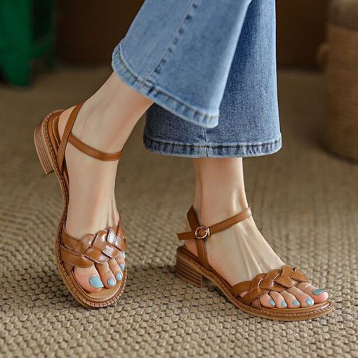 main image4Retro Women s Sandals Roman Literary Style Hollow Female Shoes Summer Solid Color Thick Heels Flat