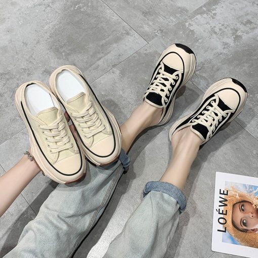 main image4Women s Slippers 2022 Spring Autumn Fashion Baotou Half Slippers Wear New Style Muffin Lace Up
