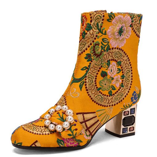 main image5FHANCHU 2022 Chinese Style Women Ankle Boots Fashion Embroidery Shoes High Heels Short Botas Pointed Toe