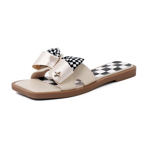 main image5New Summer Women Sandals Flat Plaid Bow Flip Flops Indoor Outdoor Wear Females Slippers Fashion Cozy