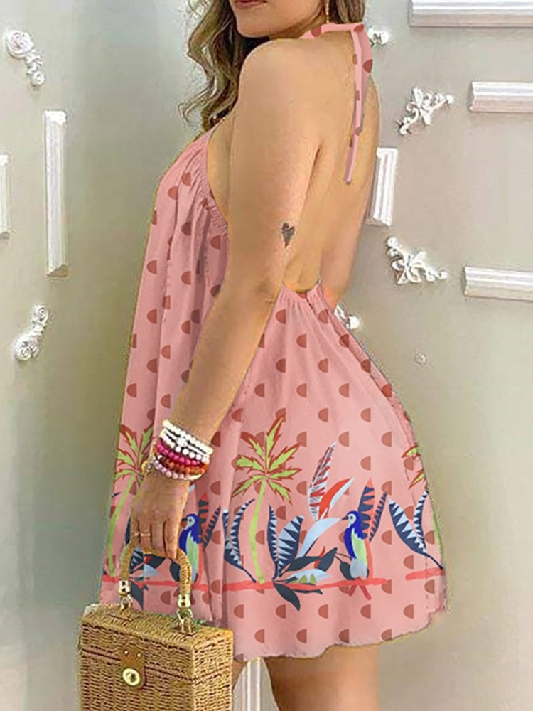 main image5Tropical Print Halter Backless Dress Women Strapless Casual Summer Dress