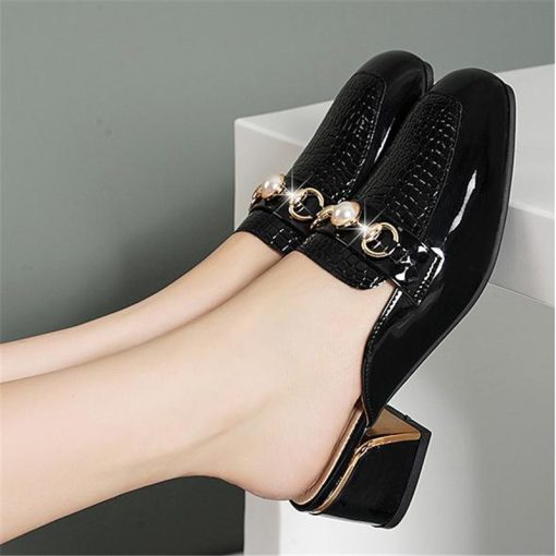 main image5Women Baotou Half Slippers 2021 Fashion Metal Chain Square Toe Thick Heel British Style Office Casual