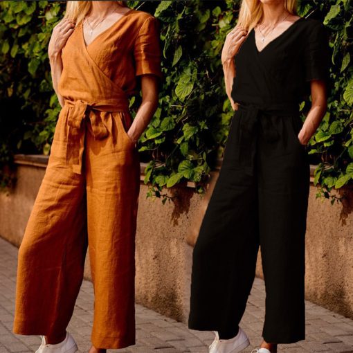 miOv2022 New Thin Jumpsuit Solid Color Turn Down Collar Short Sleeve Spring And Summer Casual Loose