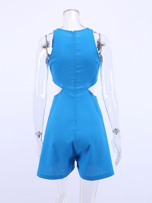 q4MNFashion Summer Cotton Linen Hollow Out Sexy Wide Leg Playsuit Romper Mujer Halter Sleeveless Blue 2023
