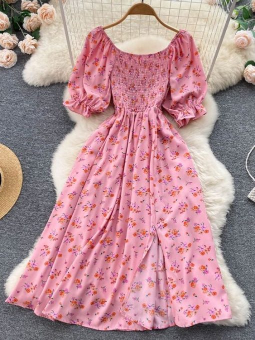rbCgYuooMuoo Fast Shipping Women Dress Fashion Romantic Floral Print Split Long Summer Dress Puff Sleeve Party