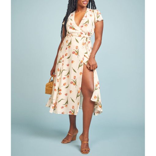 rz9VFloral Print Chiffon Summer Dress 2021 Beach Vacation Elegant Midi Dress Women V Neck Short Sleeve