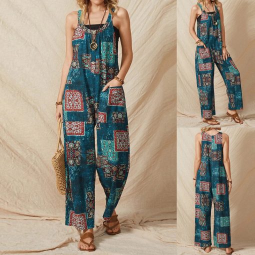 u0882021 New Style Women Printed Sleeveless Long Romper Retro Style Loose Fit O neck Jumpsuit with