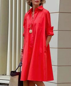variant image0Autumn New Simple Shirt Dress Casual Solid Color Long Sleeves Fashion Turn down Collar Elegant Pocket