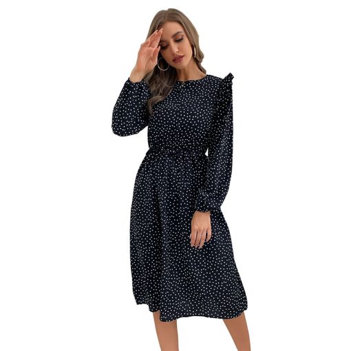 variant image0Benuynffy Crew Neck Frill Trim Polka Dot Dress Women Spring Fall Button Back Long Sleeve A