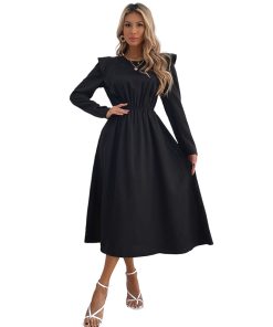 variant image0Benuynffy O Neck Ruffle Trim Black Long Dress Women Autumn Elegant High Waist Long Sleeve Office