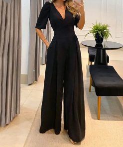 variant image0LIYONG Women Jumpsuit Puff Short Sleeve V Neck Backless Nipped Waist Loose Wide Legs Casual Pants