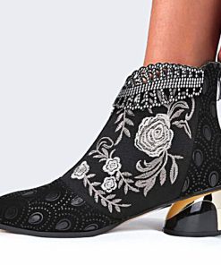 variant image12022 Autumn Comfortable Thick Heel Short Boots Fashion Spring Women Embroidered Flower Rhinestone Zipper Low Ankle