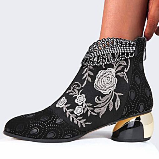 variant image12022 Autumn Comfortable Thick Heel Short Boots Fashion Spring Women Embroidered Flower Rhinestone Zipper Low Ankle