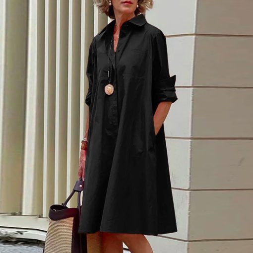 variant image1Autumn New Simple Shirt Dress Casual Solid Color Long Sleeves Fashion Turn down Collar Elegant Pocket
