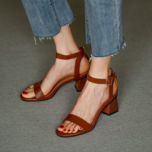 variant image1Brown Colour Women Heeled Sandals Bandage Ankle Buckle Pumps Buckle High Heels Square Heels Lady Shoes