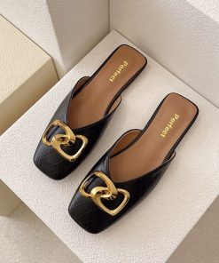 variant image1New Brand Women Slipper Fashion Mules Singbacks Sandal Shoes Ladies Square Toe Slip On Flat Female
