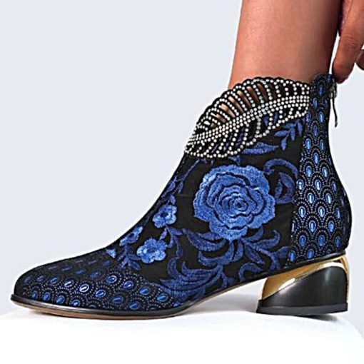 variant image22022 Autumn Comfortable Thick Heel Short Boots Fashion Spring Women Embroidered Flower Rhinestone Zipper Low Ankle