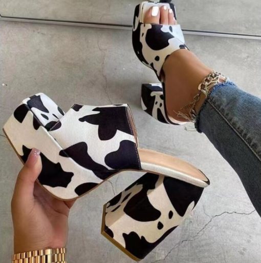 variant image22022 new WOMEN color printing square head thick bottom thick heel one line slippers women s