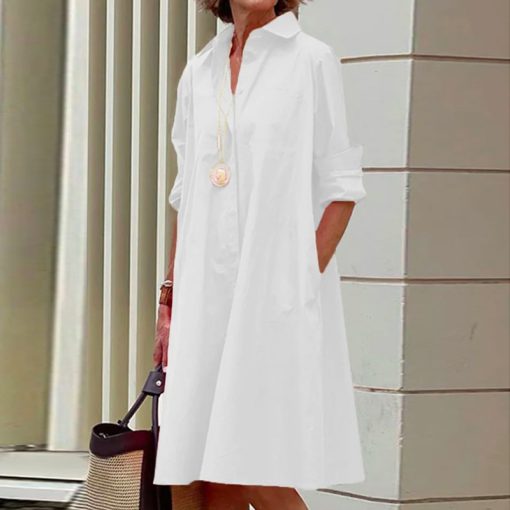 variant image2Autumn New Simple Shirt Dress Casual Solid Color Long Sleeves Fashion Turn down Collar Elegant Pocket