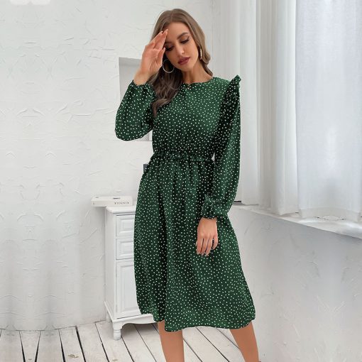 variant image2Benuynffy Crew Neck Frill Trim Polka Dot Dress Women Spring Fall Button Back Long Sleeve A