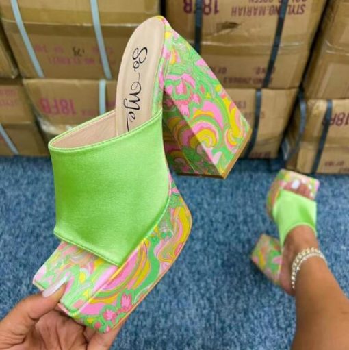 variant image32022 new WOMEN color printing square head thick bottom thick heel one line slippers women s
