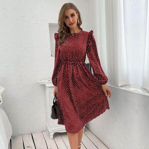 variant image3Benuynffy Crew Neck Frill Trim Polka Dot Dress Women Spring Fall Button Back Long Sleeve A