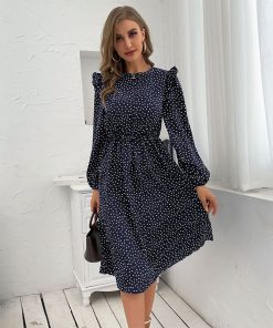 variant image4Benuynffy Crew Neck Frill Trim Polka Dot Dress Women Spring Fall Button Back Long Sleeve A